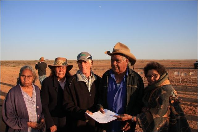 Handover of Marree Station (L to R) Sylvie Stuart, Irene Kemp, Noel Fraser (former owner), Edward Lander, Ruby Lander